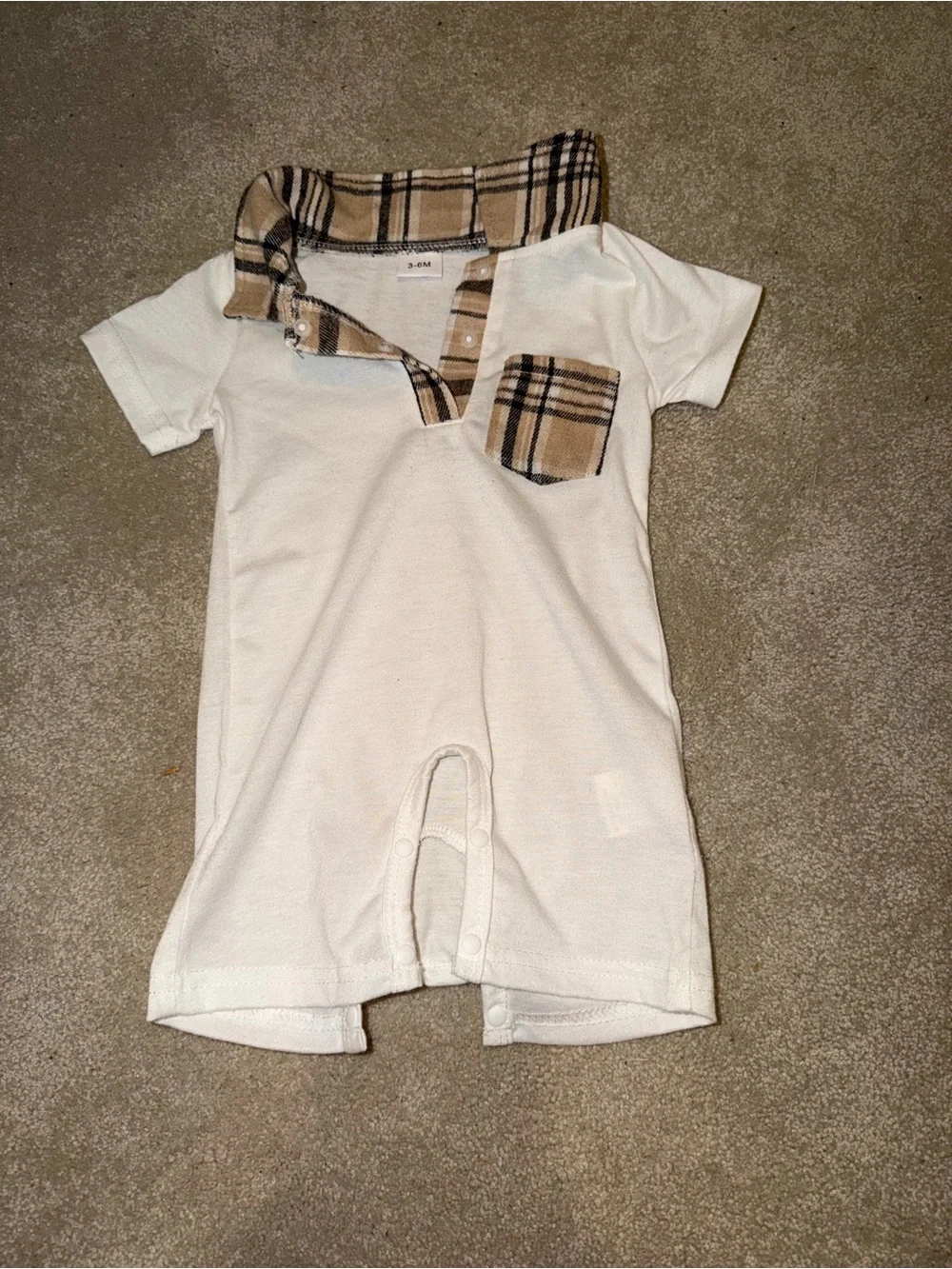 Baby Cream One-Piece Romper with Plaid Trim